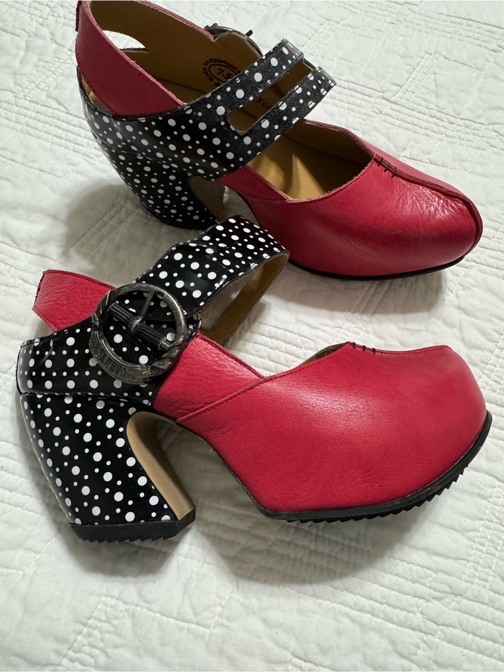 John Fluevog Red Polka Dot Leather Mary Jane Platform Pumps